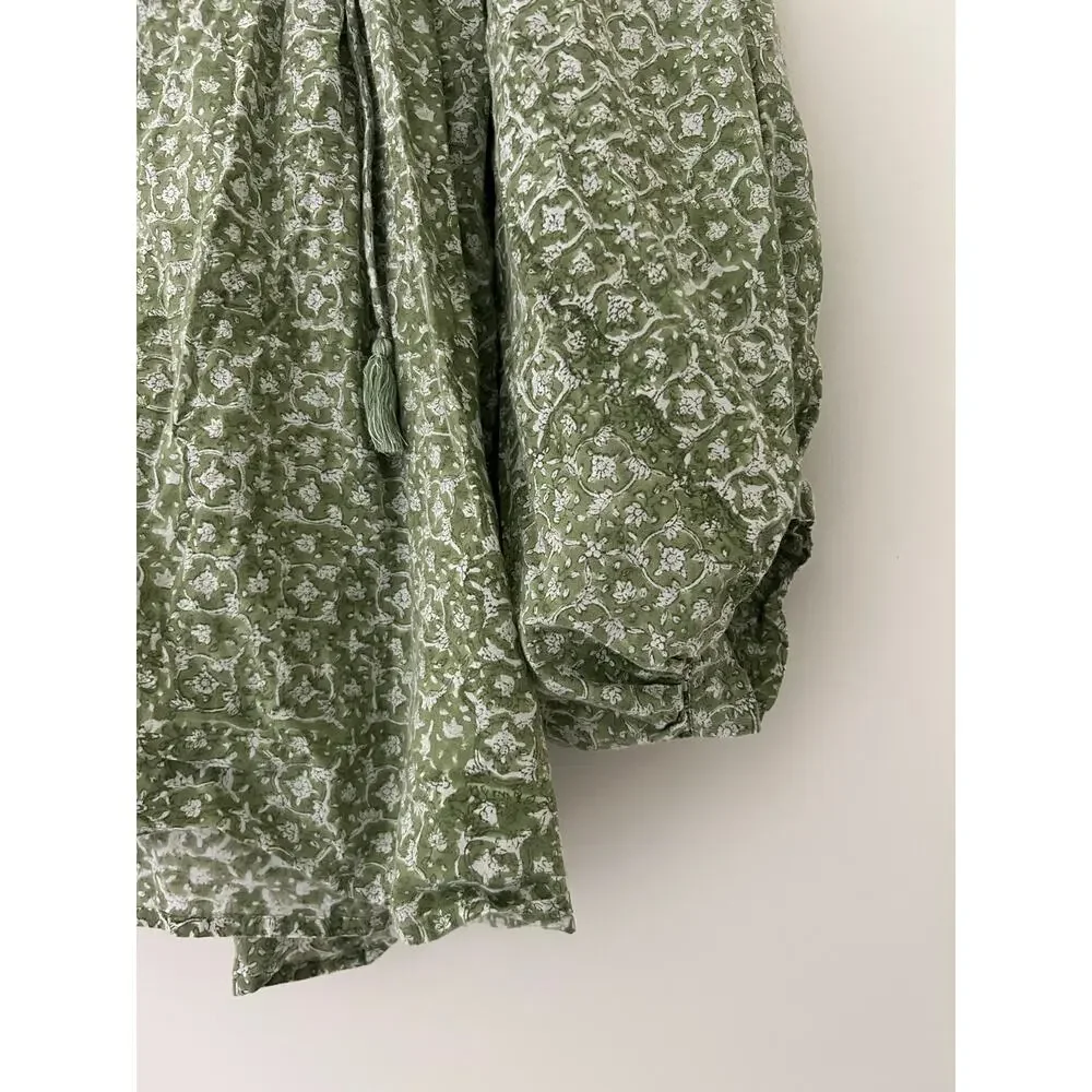 Mille Charlie Peasant Blouse Green Tie Front Cotton Green Block Print India XL - Picture 5 of 10
